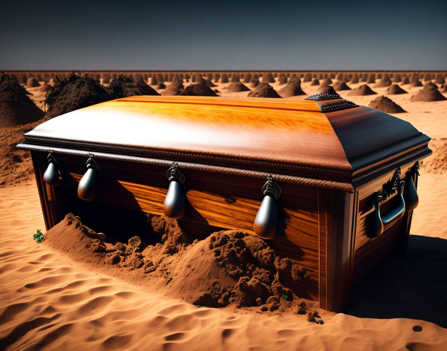 Polished wooden casket buried in desert dunes under clear sky