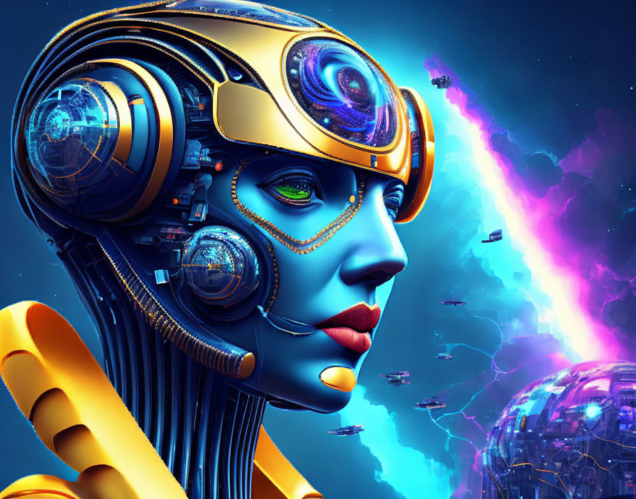 Female cyborg with intricate headgear on colorful cosmic background