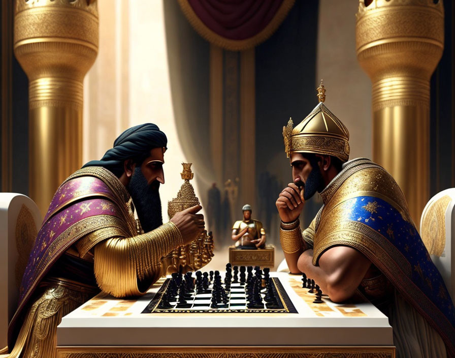 Ancient regal attire chess game in grand hall with statue & columns