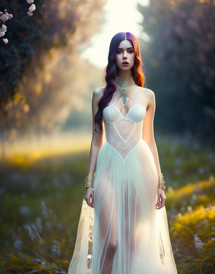 Red-haired woman in sheer gown standing in sunlit meadow