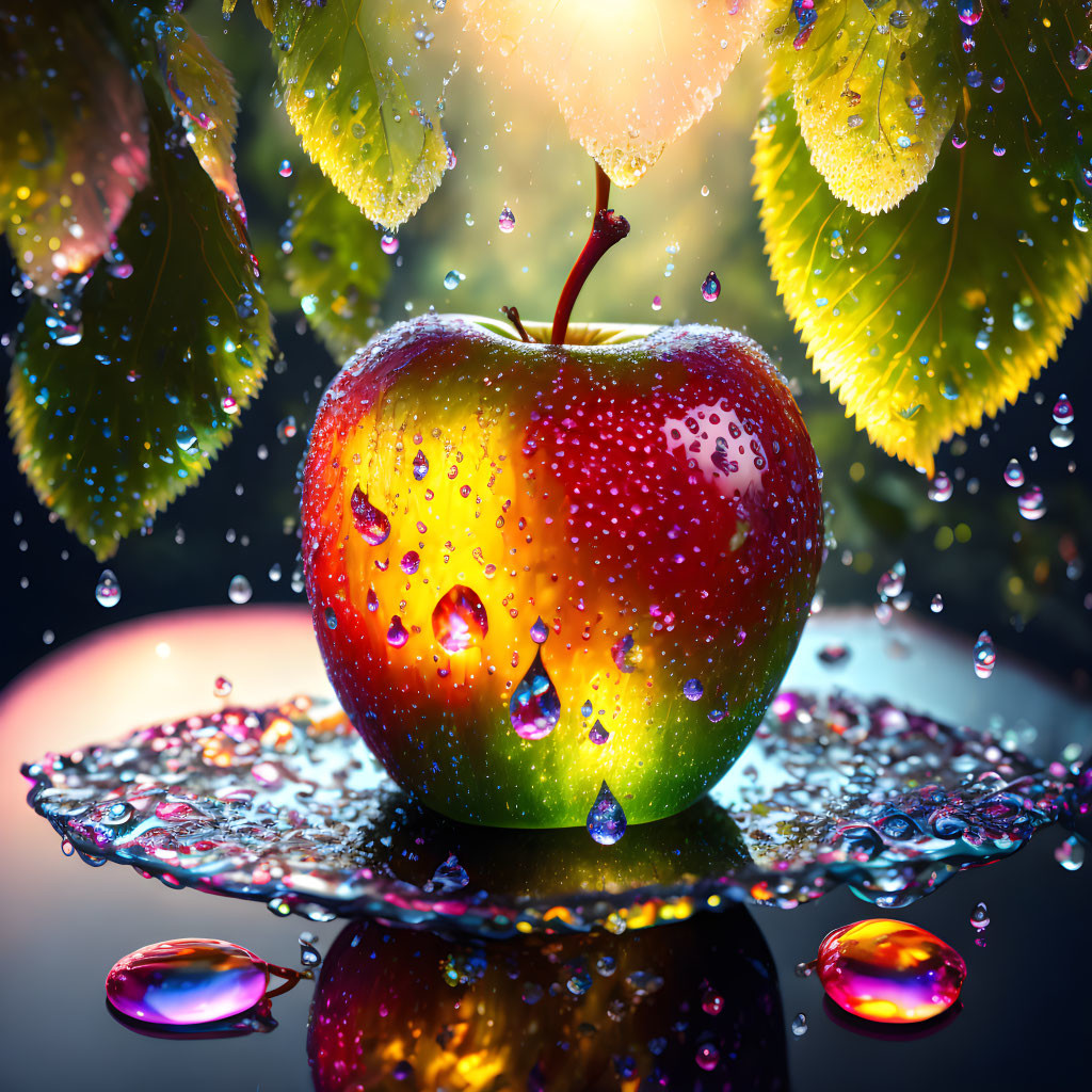 Fresh Red Apple with Water Droplets and Dewy Leaves on Bokeh Background