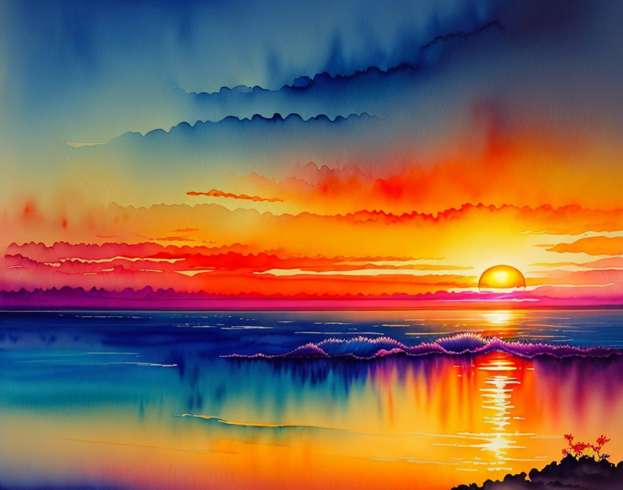 Colorful Watercolor Painting of Sunset Reflections on Water