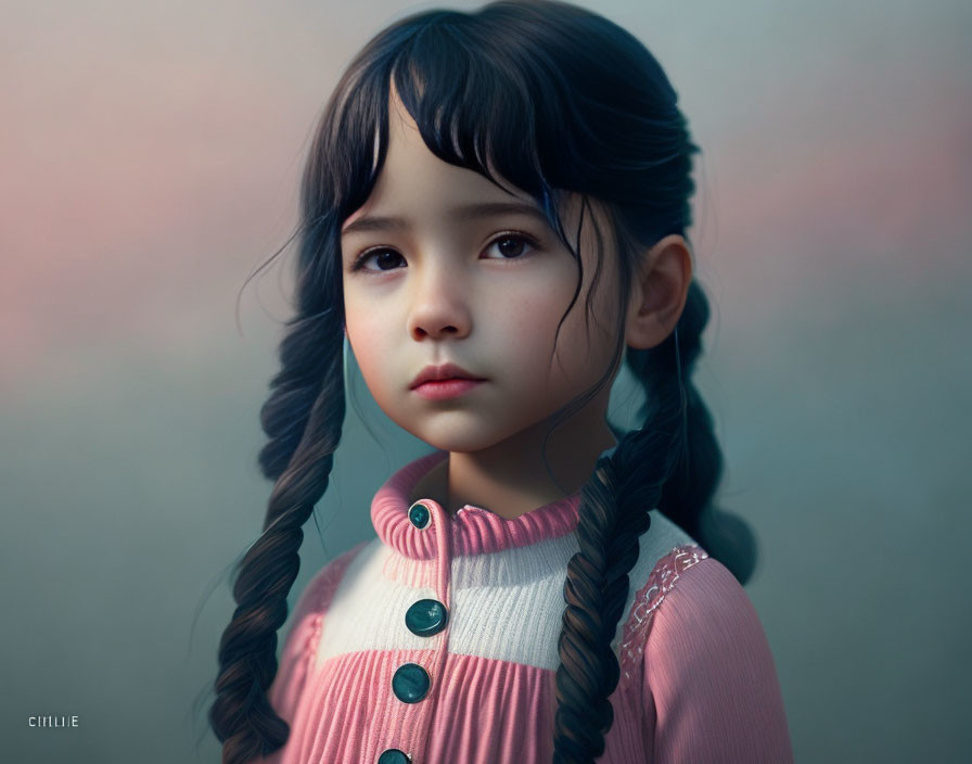 Digital artwork of young girl with expressive eyes, dark hair, braids, pink dress.