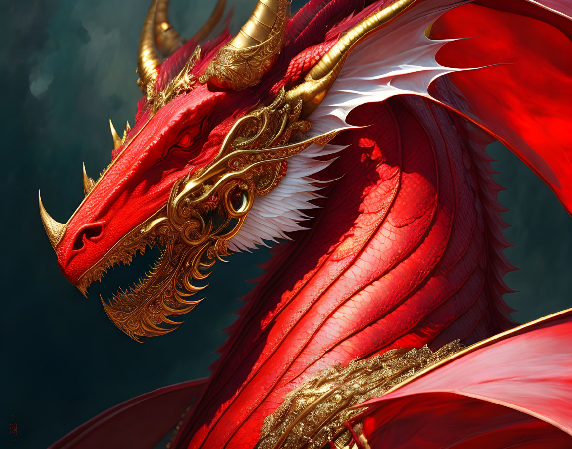 Detailed Red Dragon Illustration with Golden Adornments and Fierce Eyes