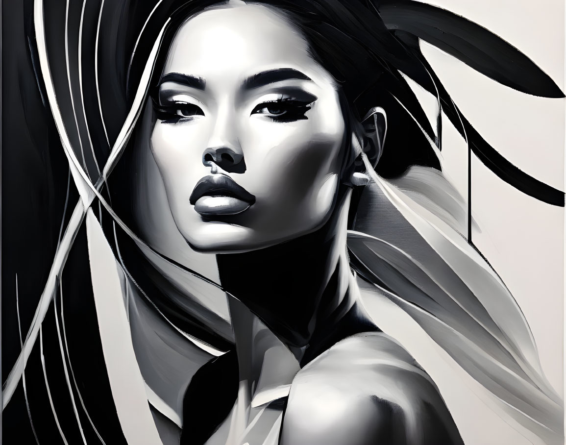 Monochromatic digital art of stylish woman with bold makeup