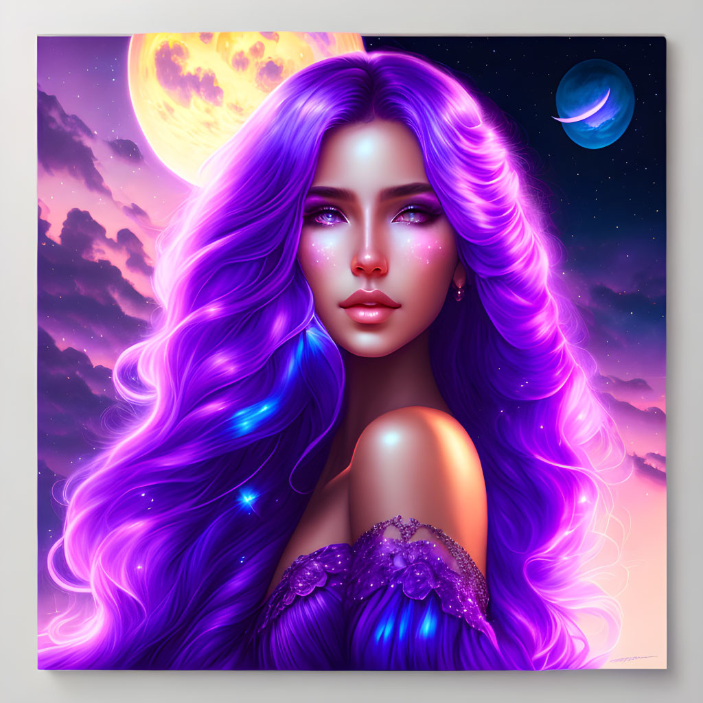 Vibrant purple-haired woman under celestial sky with moon and planet