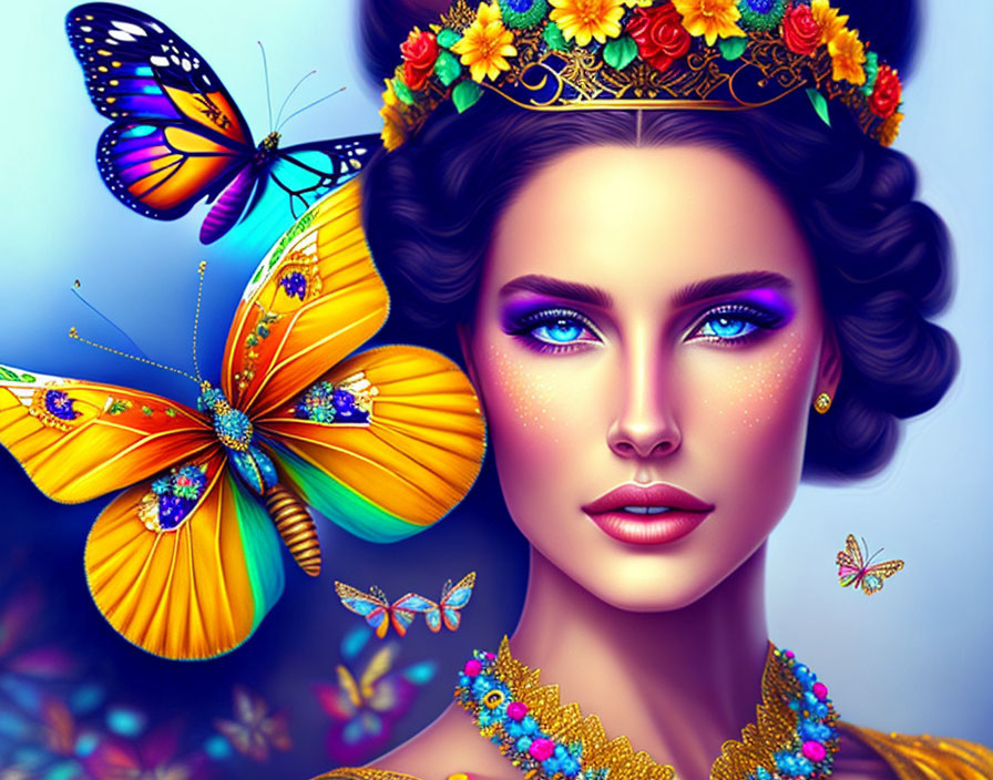 Digital art portrait of woman with vibrant makeup, butterflies, floral crown.