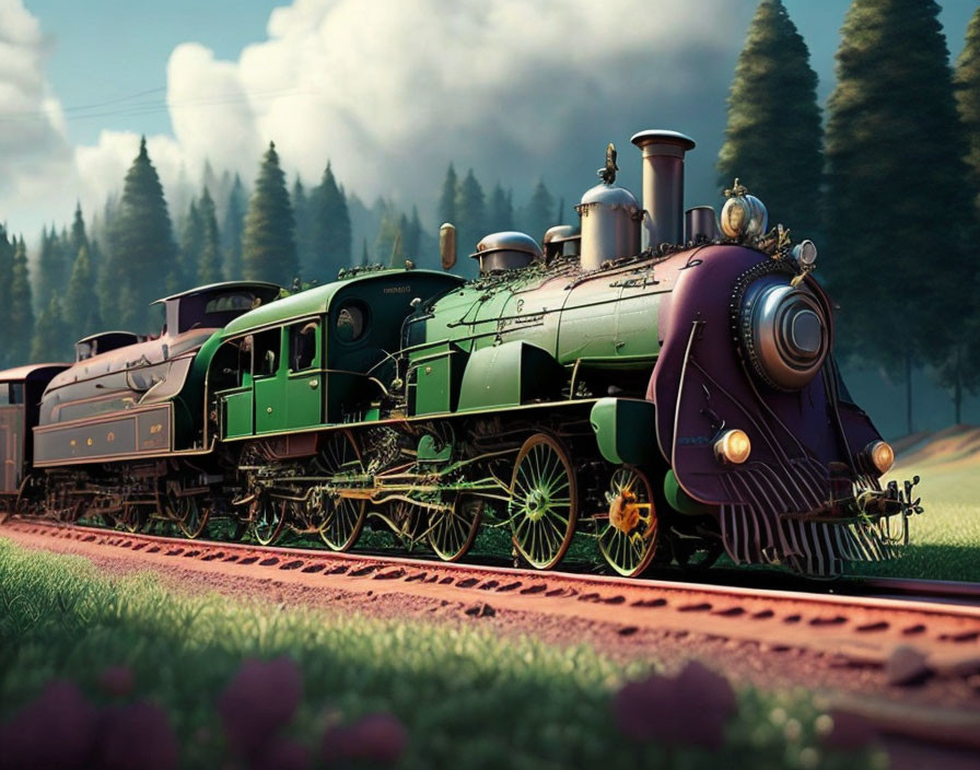 Vintage Green and Maroon Steam Locomotive in Lush Greenery and Purple Flowers