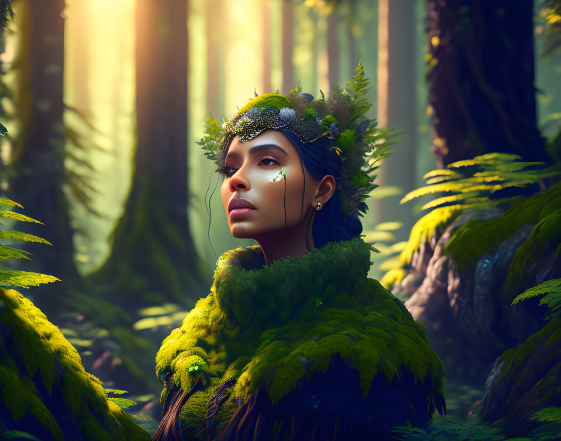 Woman with leafy headwear and face paint in sunlit forest