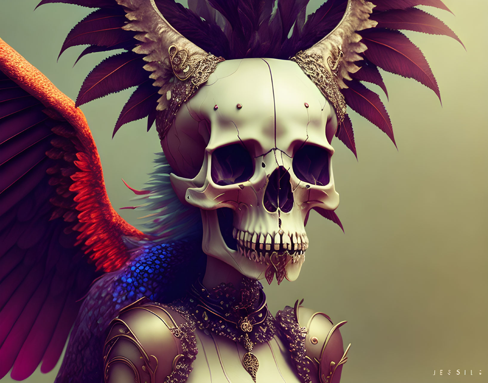 Detailed Skull Illustration with Feathers and Headgear on Muted Background