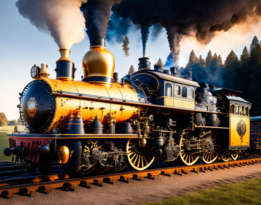 Vintage Steam Locomotive with Brass Fittings on Tracks at Sunset