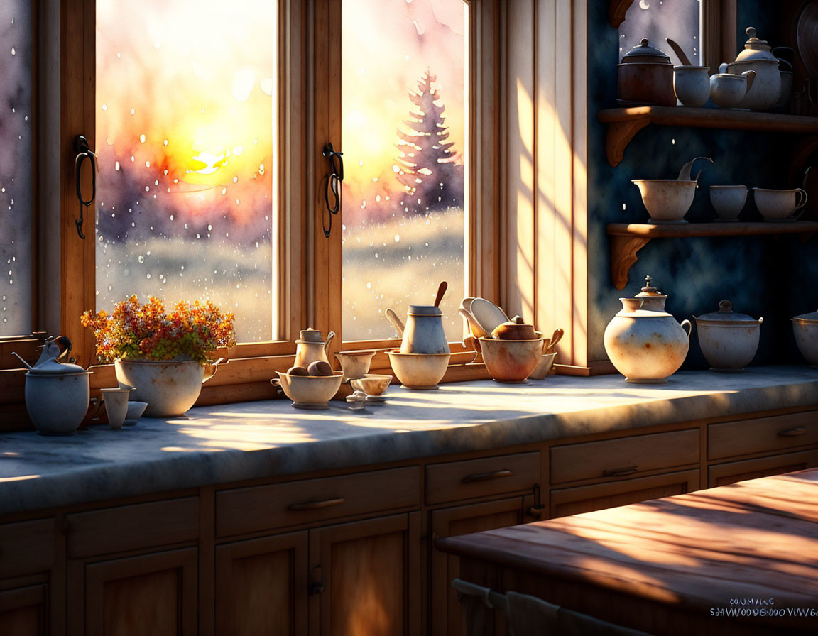 Warm Kitchen Interior with Wooden Cabinets and Snowy Landscape View