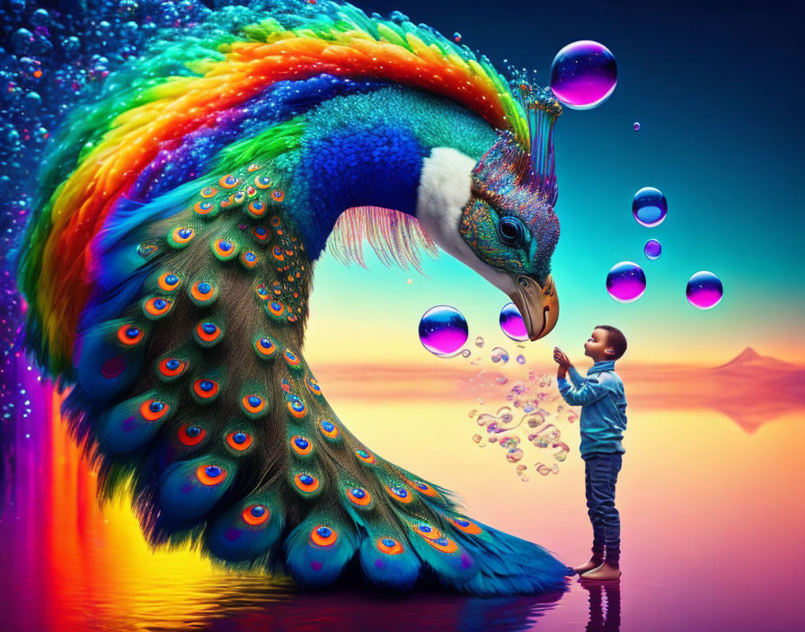 Colorful digital artwork: Child blowing bubbles to giant peacock under vivid sky