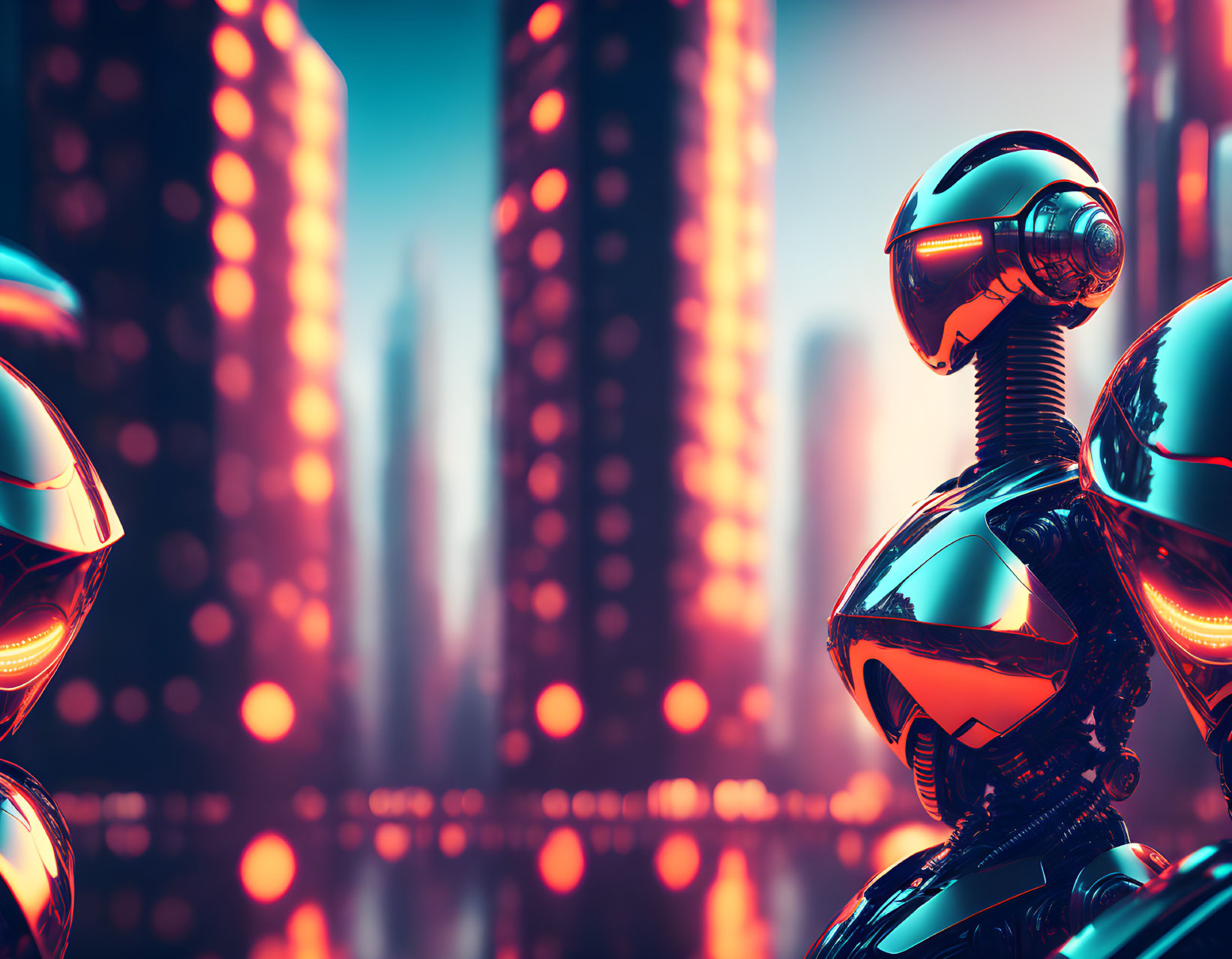 Reflective futuristic robot in neon-lit cityscape at dusk