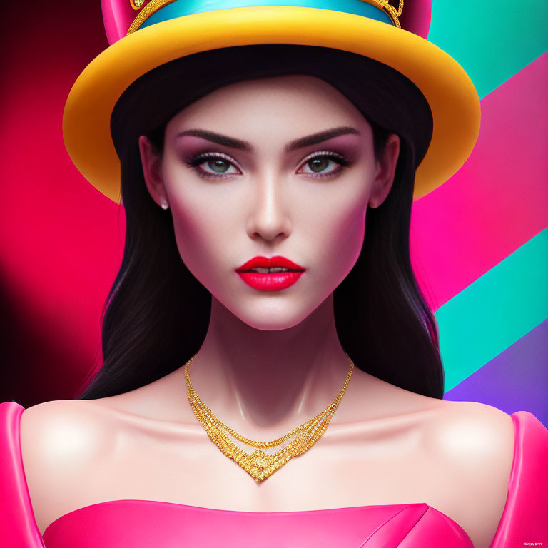 Digital artwork featuring woman in yellow hat, red lipstick, pink dress on vibrant pink and blue backdrop