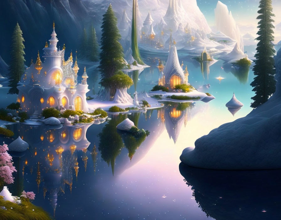 Enchanting fantasy landscape with illuminated castles, serene lake, lush foliage, and towering peaks at