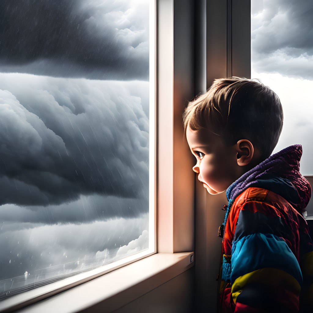 Child in Colorful Jacket Watching Stormy Weather Through Window