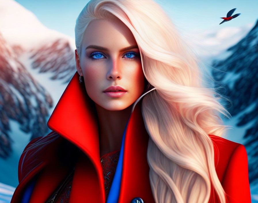 Digital portrait of woman with blue eyes, blonde hair, red cloak, snowy mountain backdrop, bird.