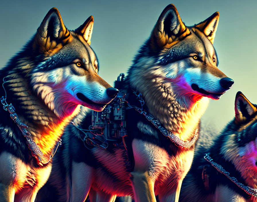 Stylized wolves with intense gazes in chain collars on blue gradient.