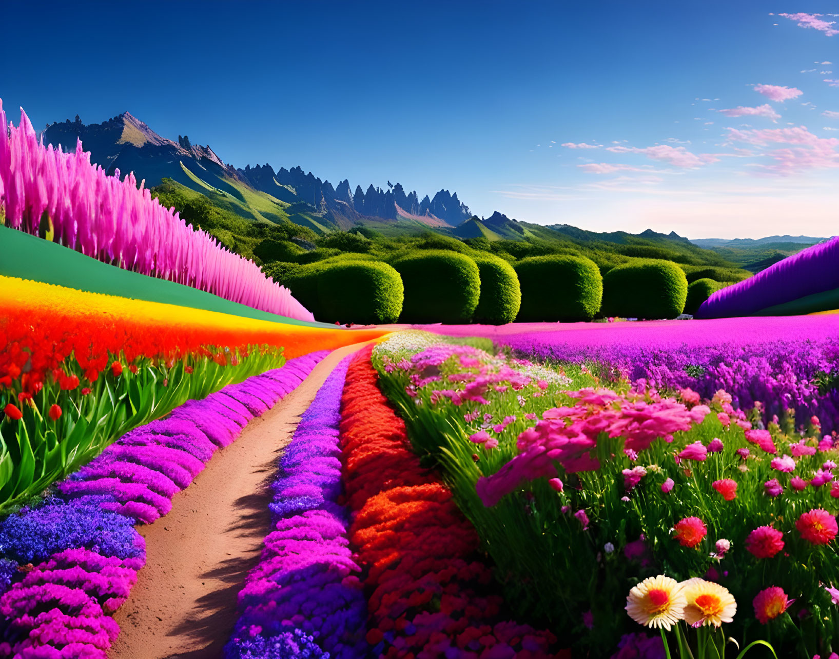 Colorful Flower Garden with Trimmed Hedges and Winding Path