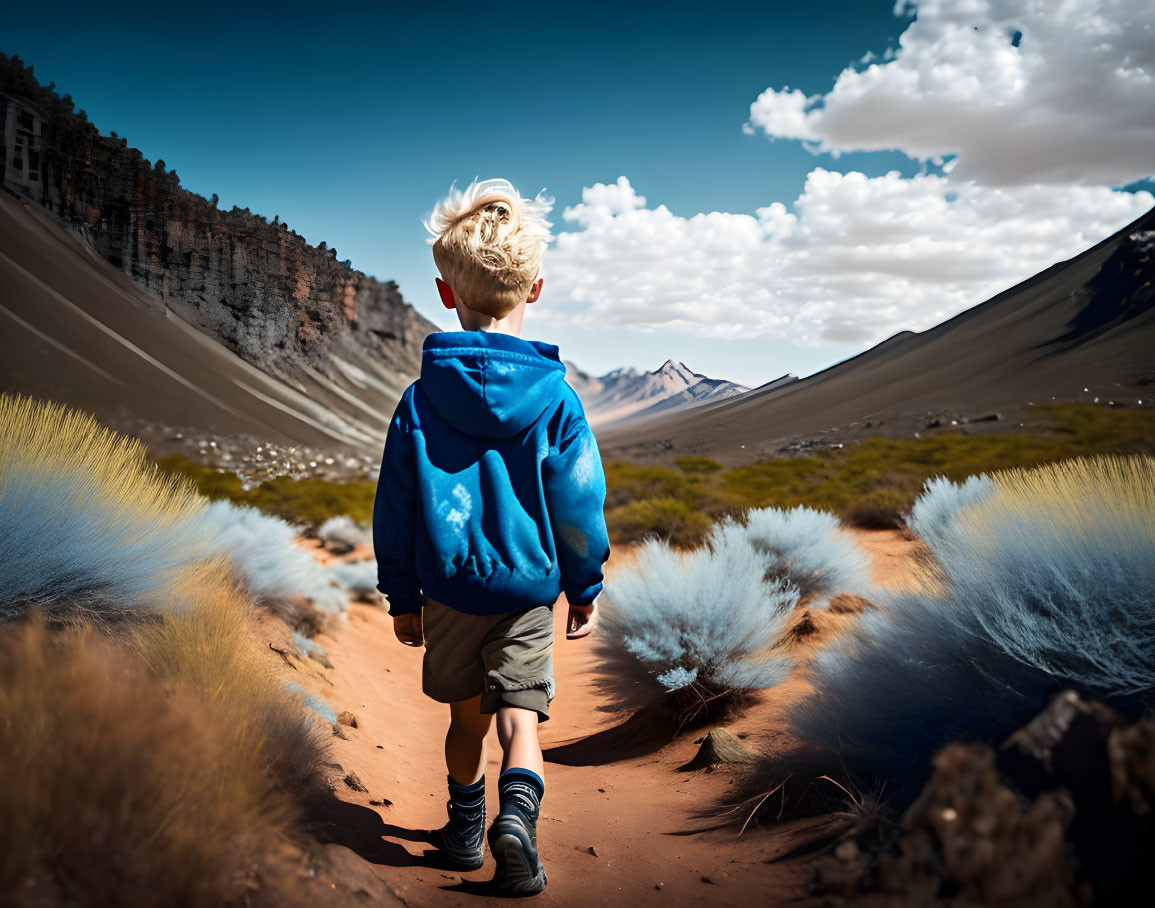 Blonde Boy in Blue Hoodie Walking on Sandy Path with Mountain Background