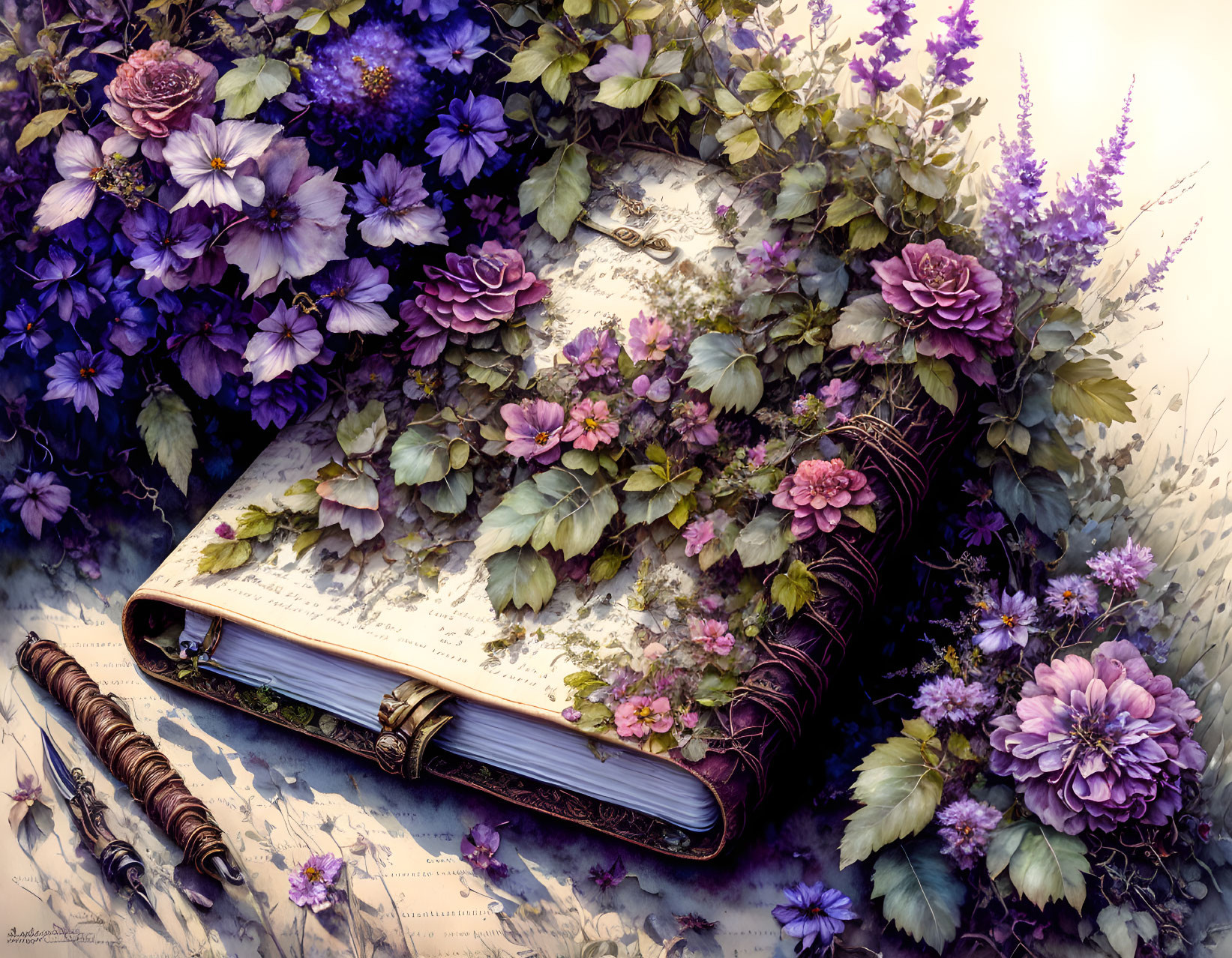 Elegant cursive writing on open book with purple and pink flowers and vintage quill pen