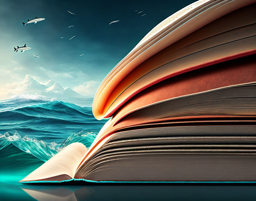 Floating open book transforms into waves over water with birds and mountains