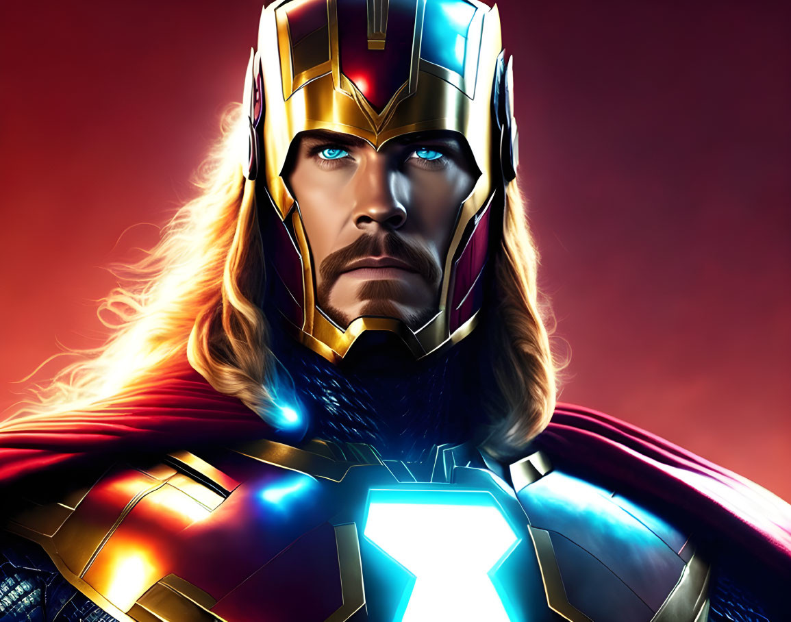 Superhero illustration with red and gold helmet, blue eyes, long blond hair