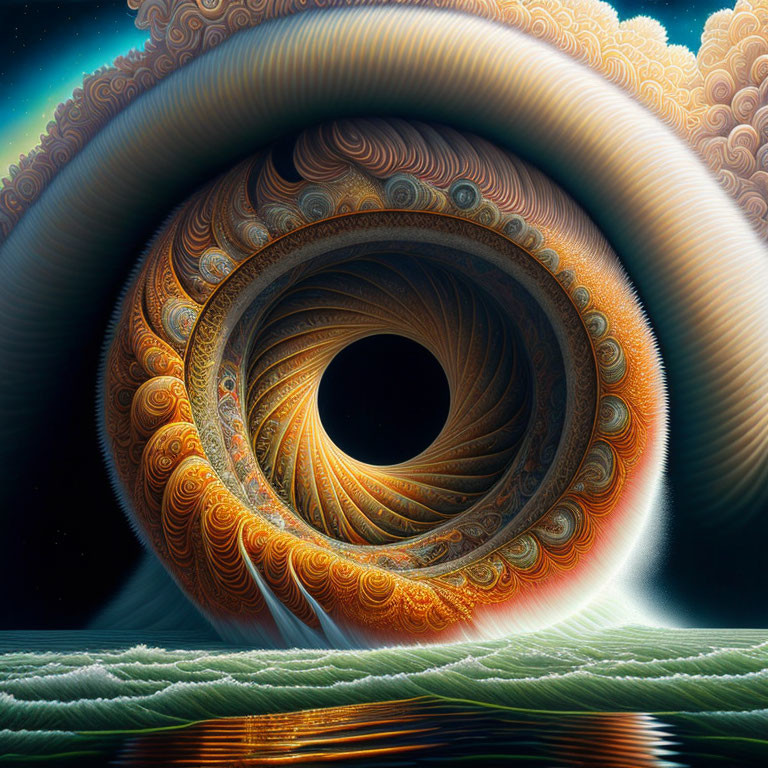 Fractal eye-like structure with orange patterns in celestial setting