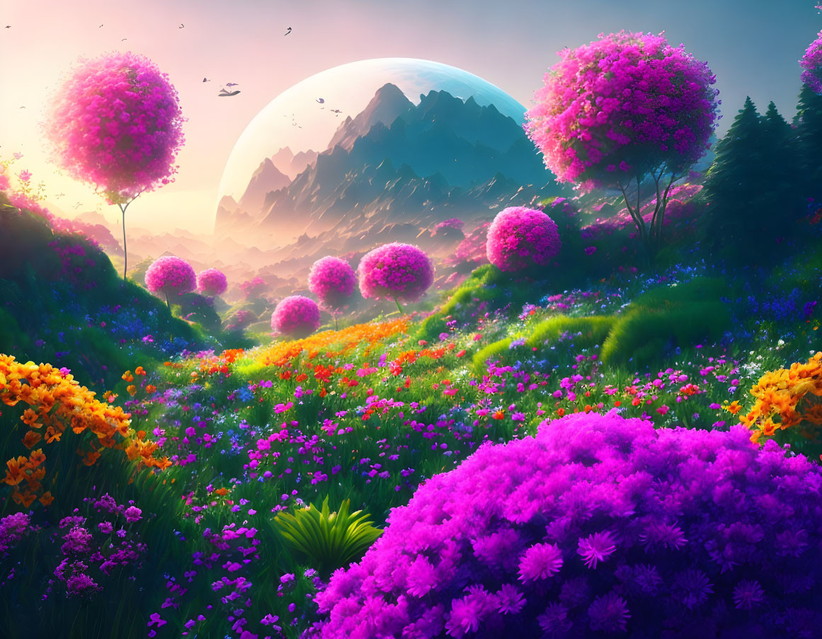 Fantasy landscape with purple and orange flowers, pink blossoms, mountains, and large moon at dusk