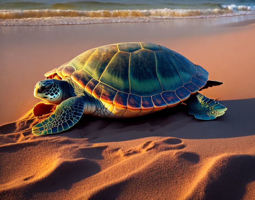 Sea Turtle on Sandy Beach with Ocean Background at Sunset