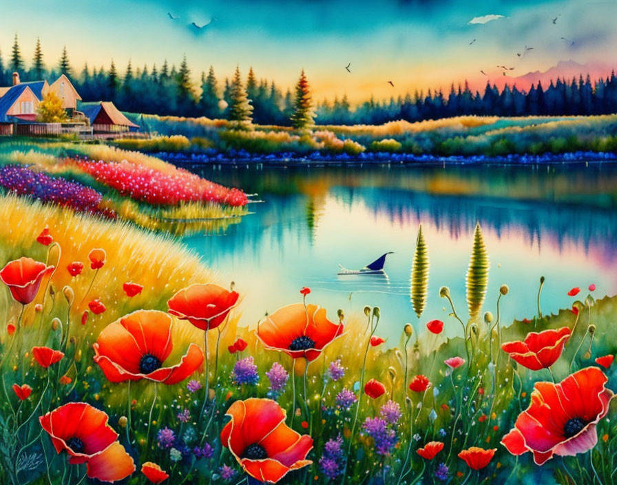 Serene lakeside painting with red poppies, boat, cabin, and sunset sky