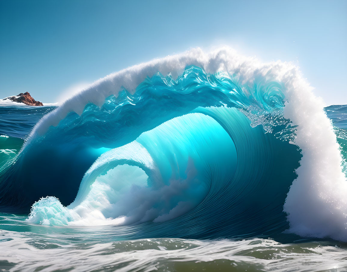 Majestic Translucent Azure Ocean Wave with White Foam