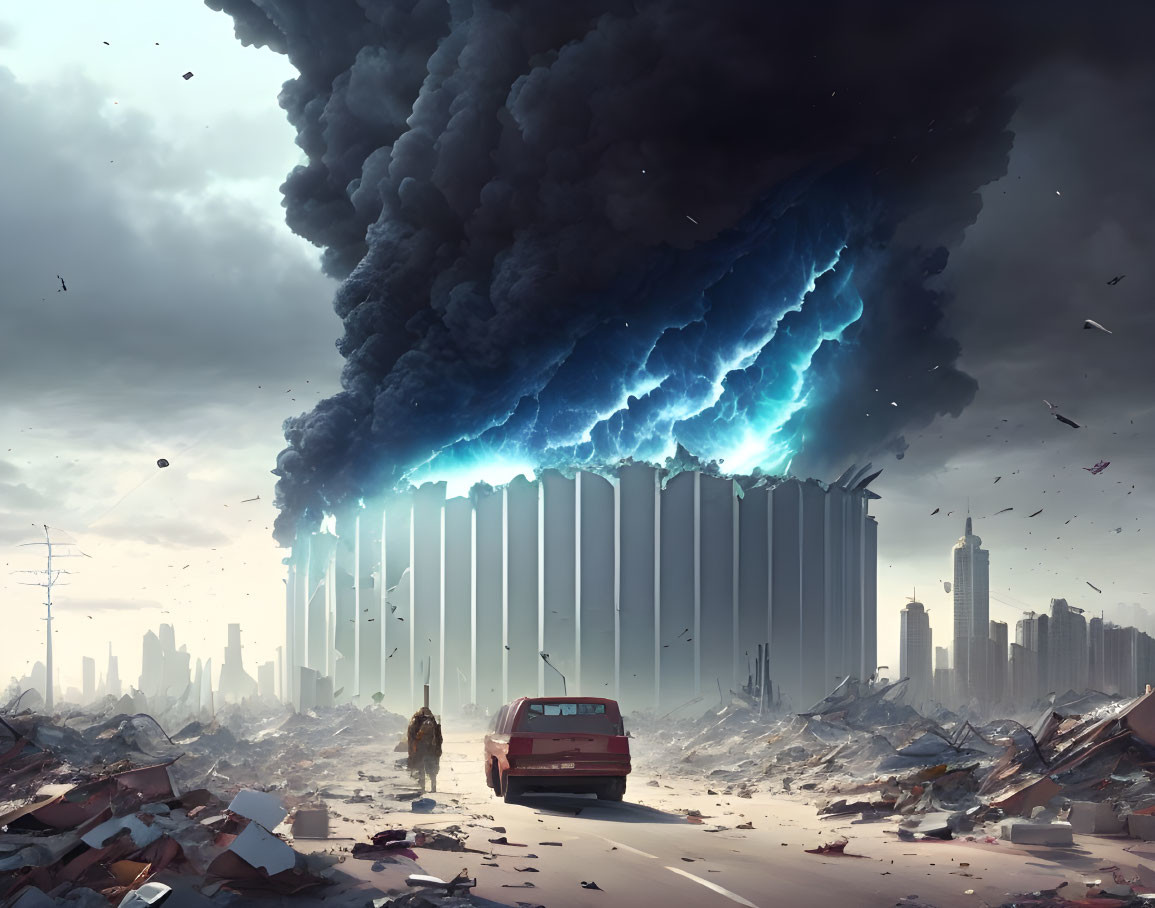 Person standing before massive otherworldly portal in devastated cityscape