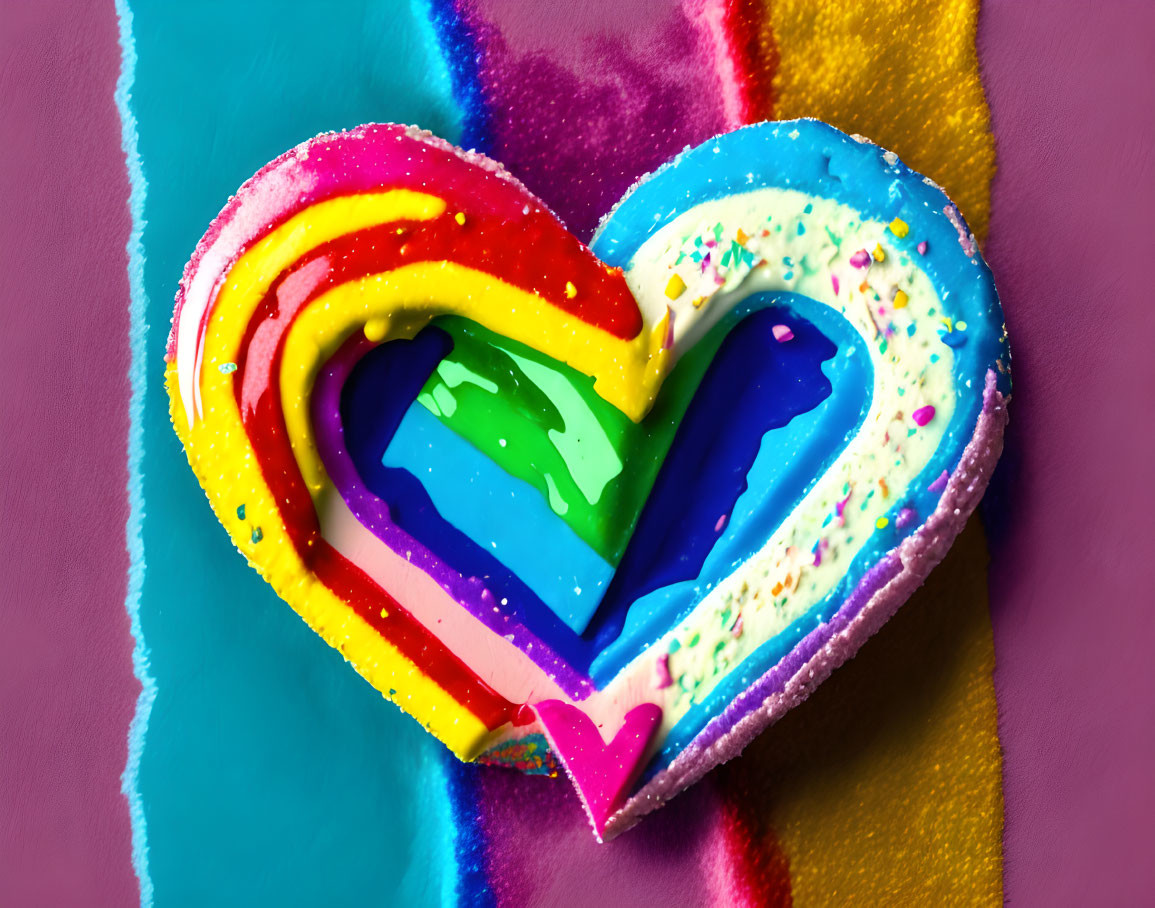 Rainbow Heart-Shaped Cookie with Sprinkles on Colorful Background