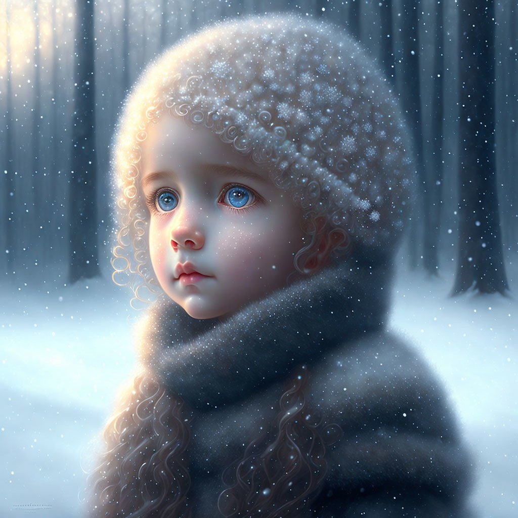 Portrait of young child with blue eyes and curly hair in warm scarf, snowflakes, snowy forest