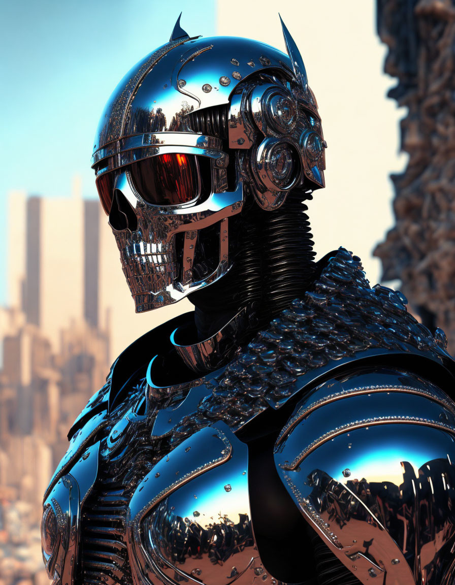 Detailed robotic figure against futuristic cityscape: Reflective metallic surface, intricate designs