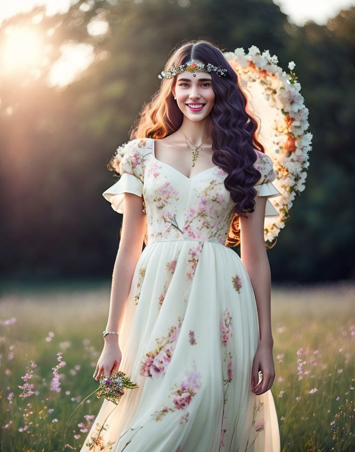 Woman in floral dress and headpiece in field at sunset