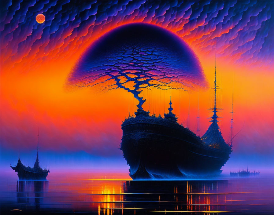 Fantastical seascape with giant mushroom tree and ornate ships