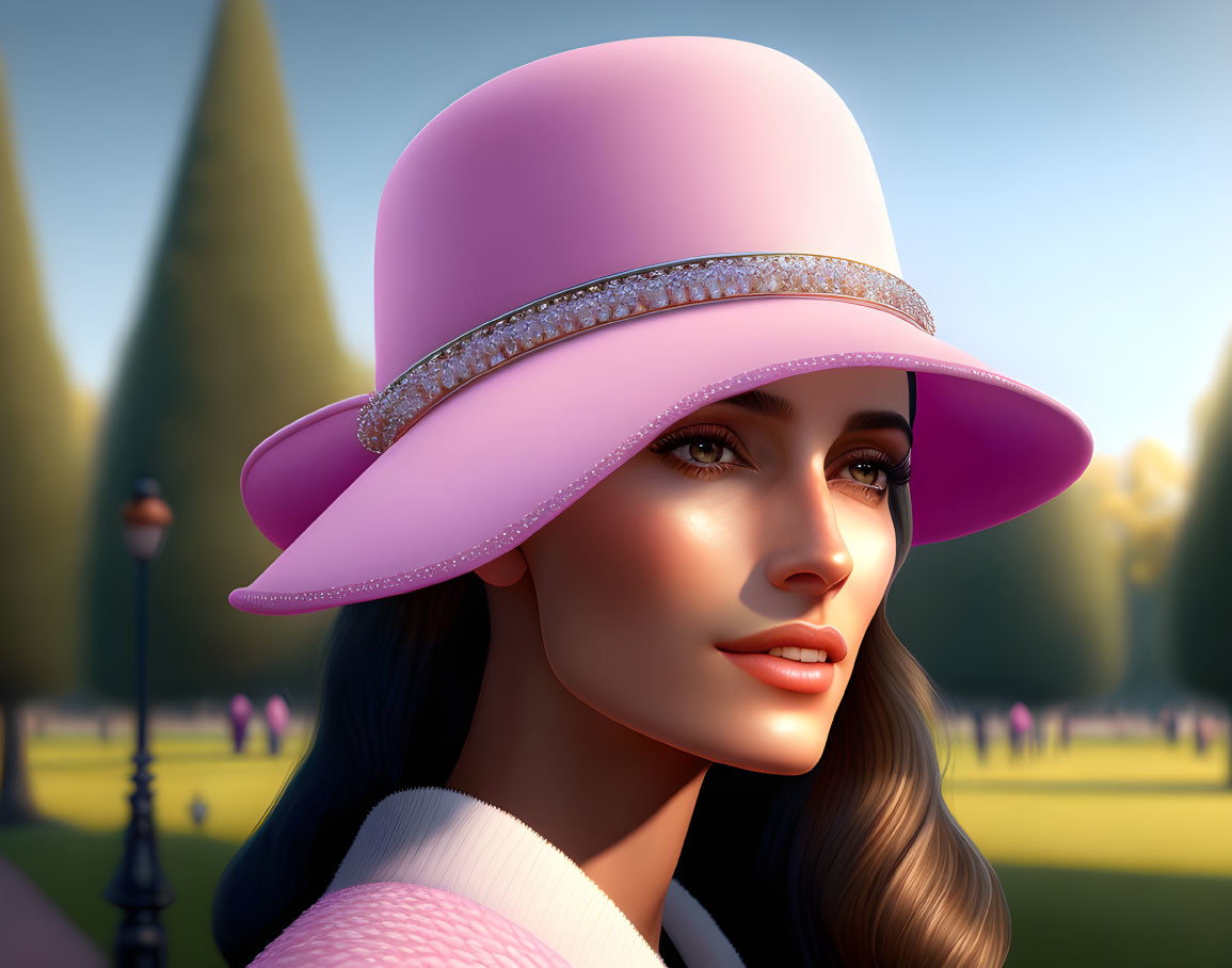 Brunette Woman in Pink Hat 3D Render in Park Sunset