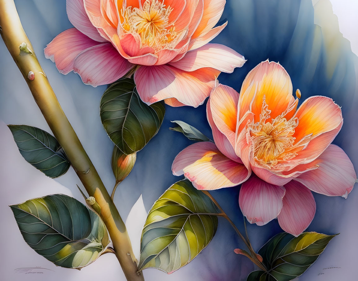 Detailed Pink Blooms with Yellow Core on Blue Background