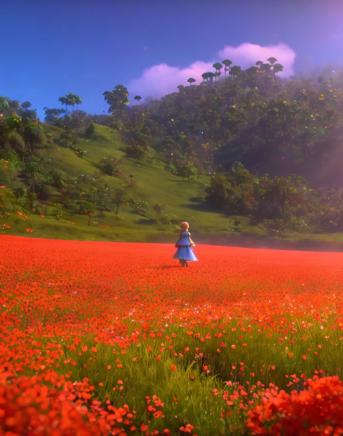 Girl in blue dress strolling through vibrant poppy field and green hills