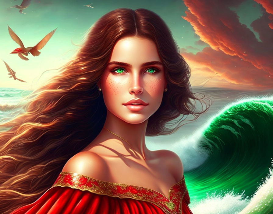 Digital Artwork: Woman with Green Eyes in Red Dress by Vibrant Seascape