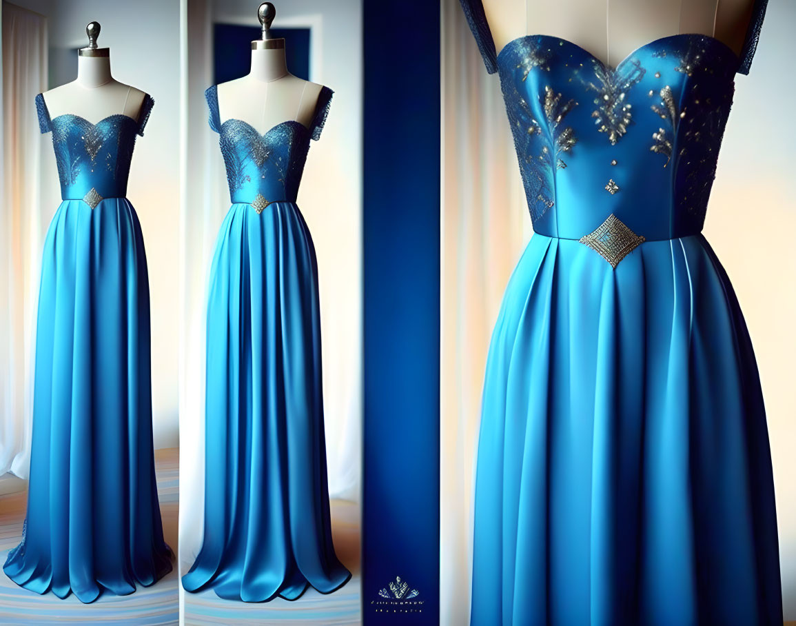 Blue Evening Gown with Beaded Bodice and Embroidered Skirt