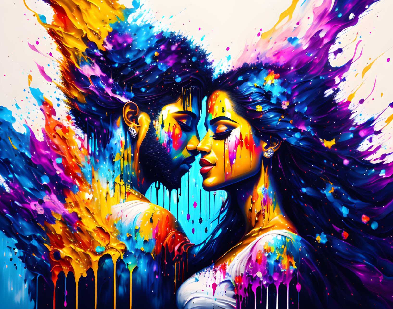 Colorful digital artwork featuring faces with paint splashes merging