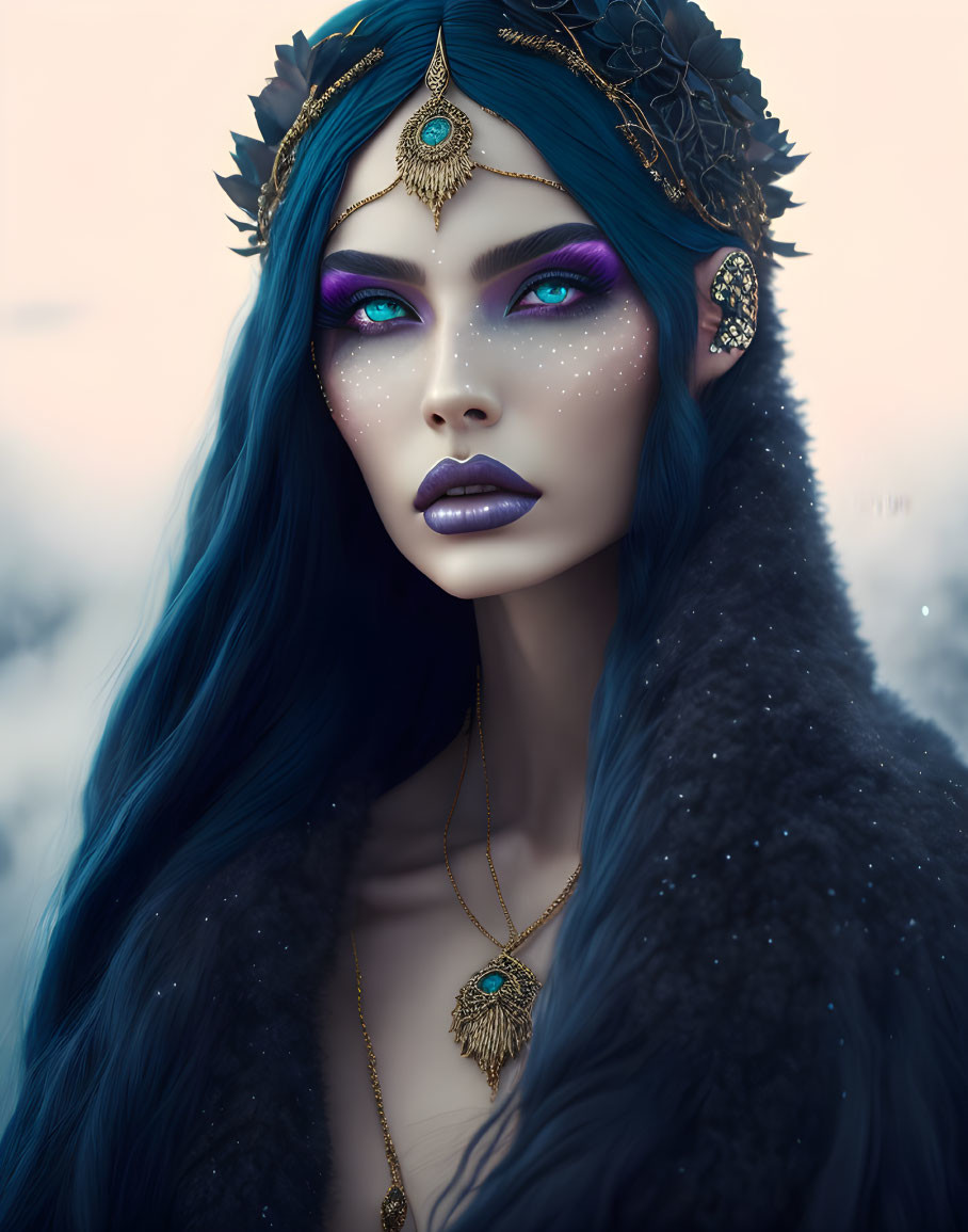 Fantasy portrait of woman with blue hair and violet skin in ornate accessories