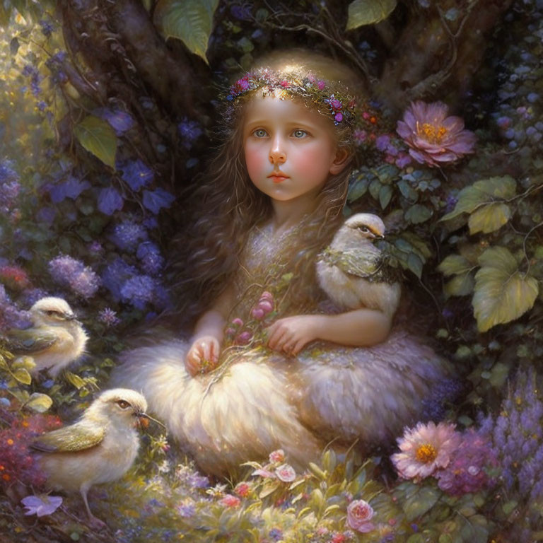 Young girl with floral crown surrounded by ducklings and greenery in serene setting.