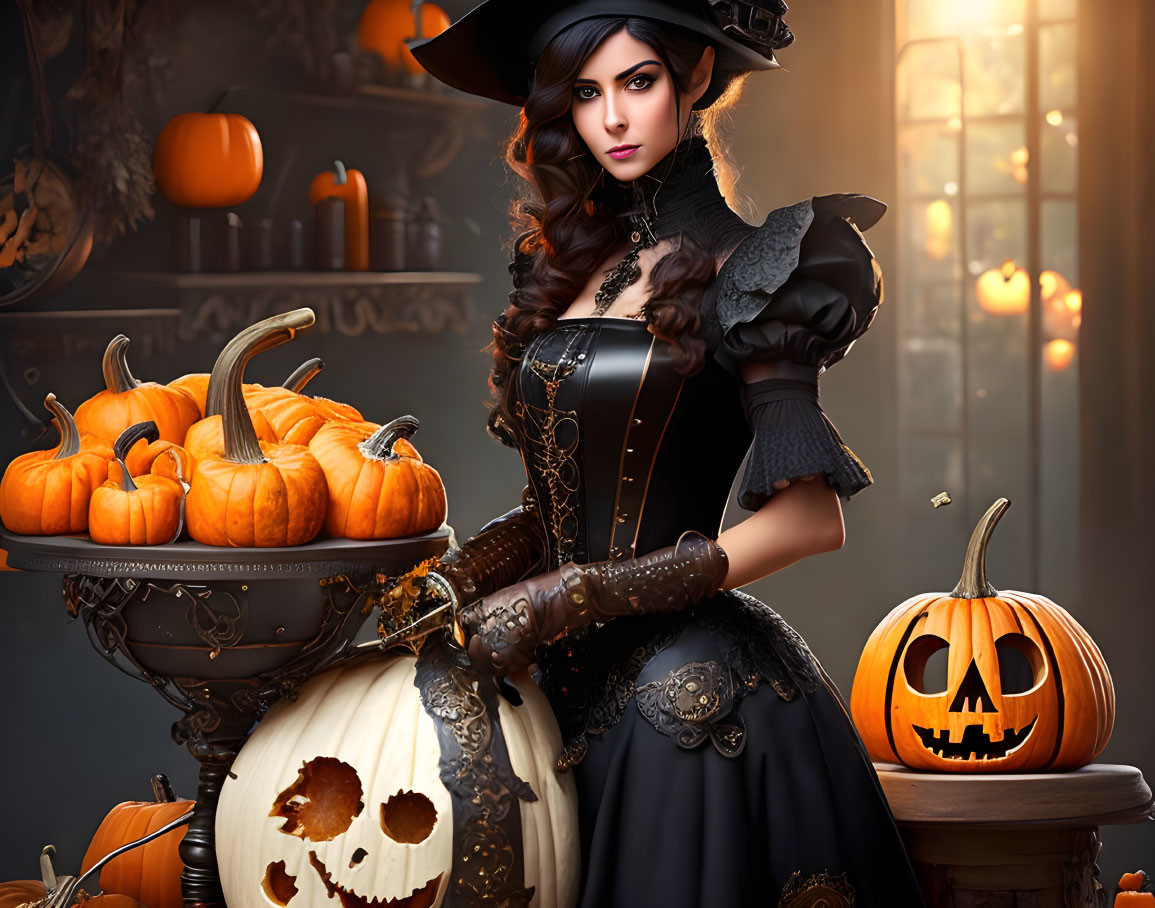 Victorian-style Halloween woman with pumpkins and jack-o'-lantern