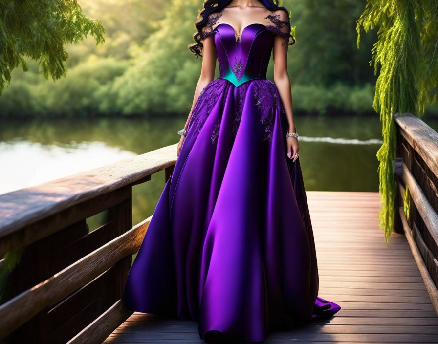 Woman in Purple Ball Gown Stands on Wooden Bridge in Serene Setting