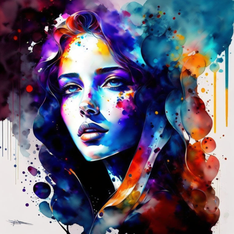 Colorful abstract watercolor effects on a woman in digital art